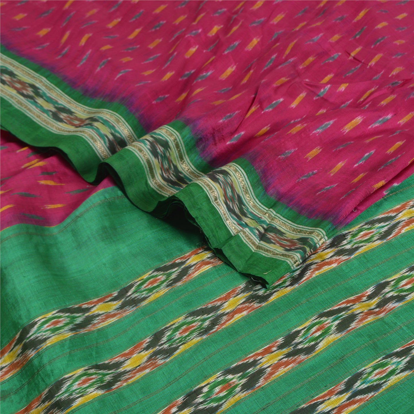 Sanskriti Vintage Saree Pink Pochampally Hand Woven Ikat Pure Silk Sari Fabric