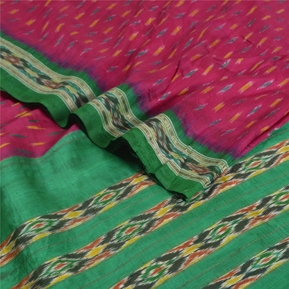 Sanskriti Vintage Saree Pink Pochampally Hand Woven Ikat Pure Silk Sari Fabric