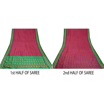 Sanskriti Vintage Saree Pink Pochampally Hand Woven Ikat Pure Silk Sari Fabric