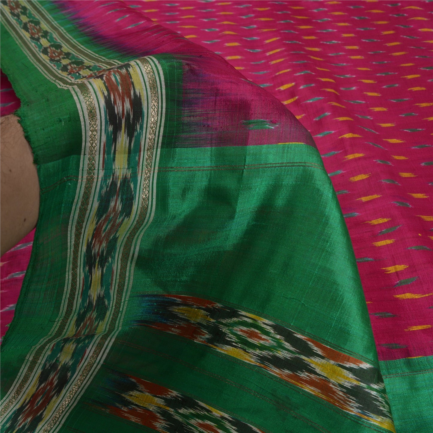 Sanskriti Vintage Saree Pink Pochampally Hand Woven Ikat Pure Silk Sari Fabric