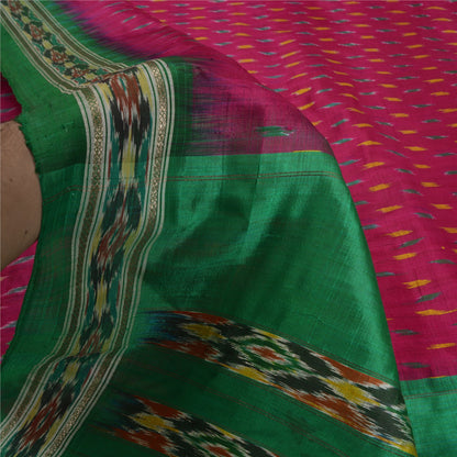Sanskriti Vintage Saree Pink Pochampally Hand Woven Ikat Pure Silk Sari Fabric