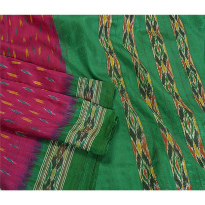 Sanskriti Vintage Saree Pink Pochampally Hand Woven Ikat Pure Silk Sari Fabric
