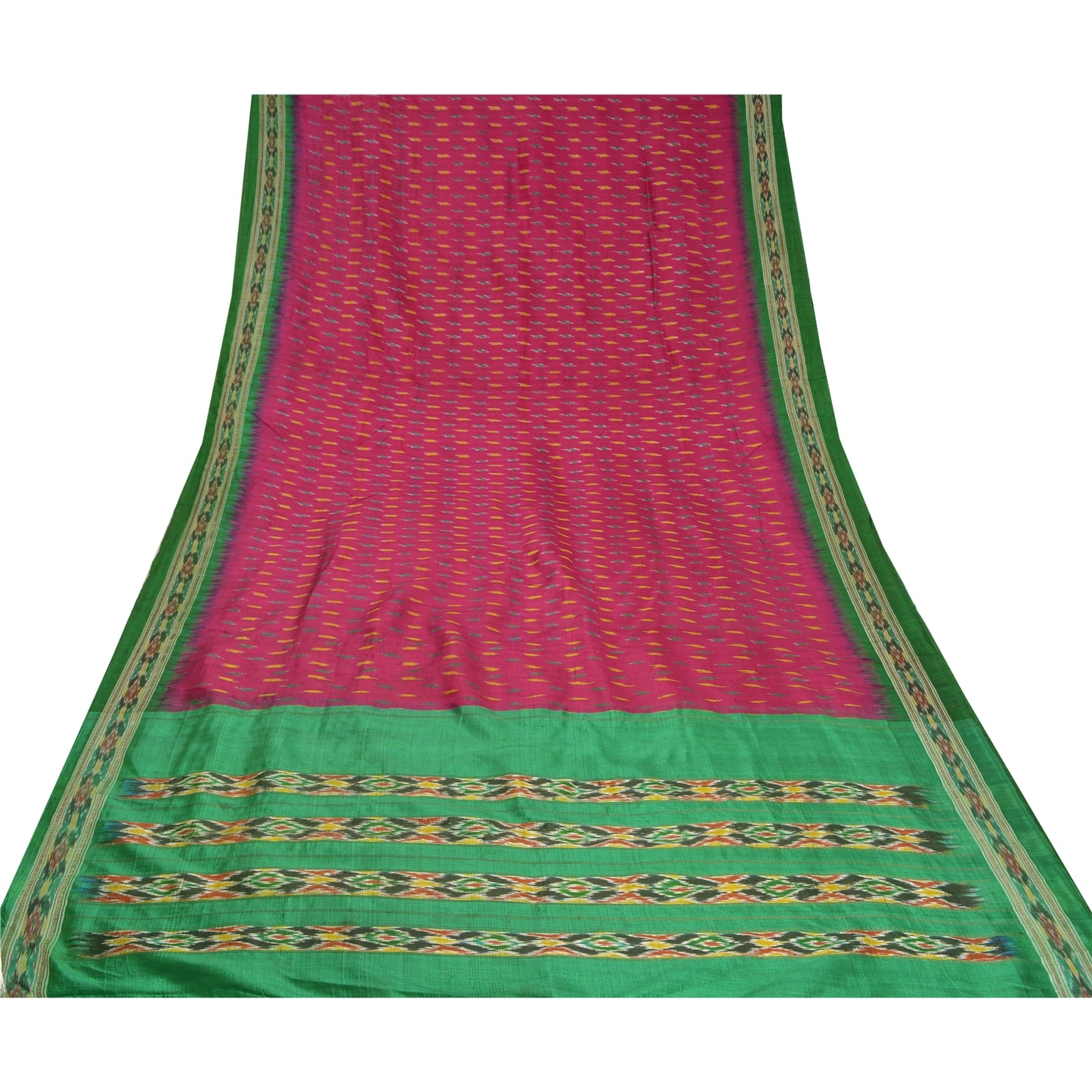 Sanskriti Vintage Saree Pink Pochampally Hand Woven Ikat Pure Silk Sari Fabric