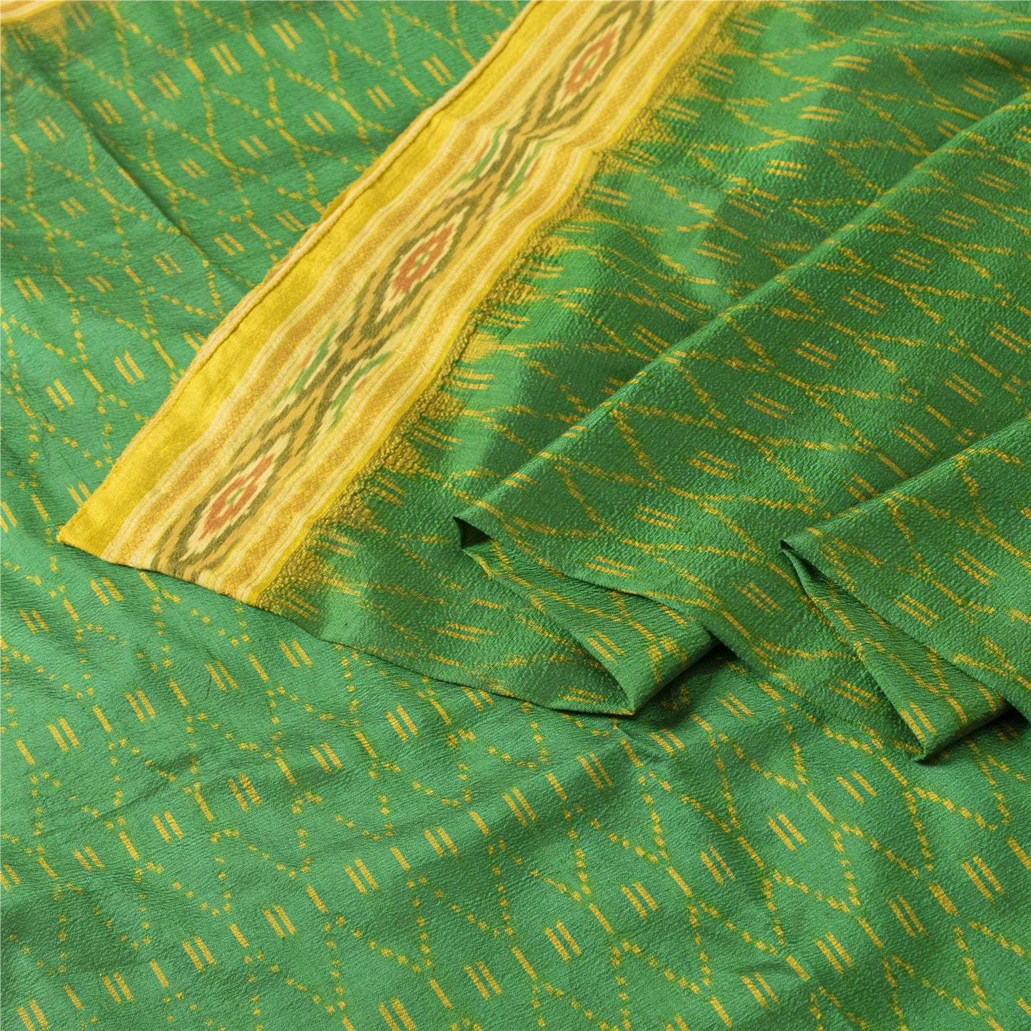 Sanskriti Vintage Saree Green Sambhalpuri Hand Woven Ikat Pure Silk Sari Fabric