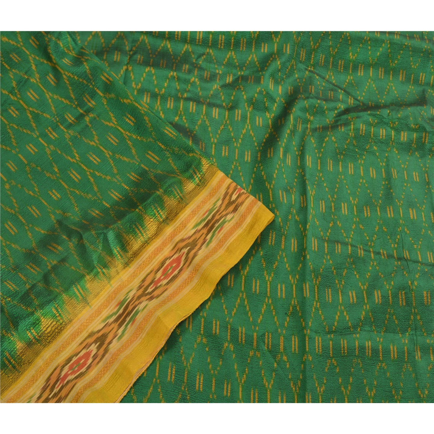 Sanskriti Vintage Saree Green Sambhalpuri Hand Woven Ikat Pure Silk Sari Fabric