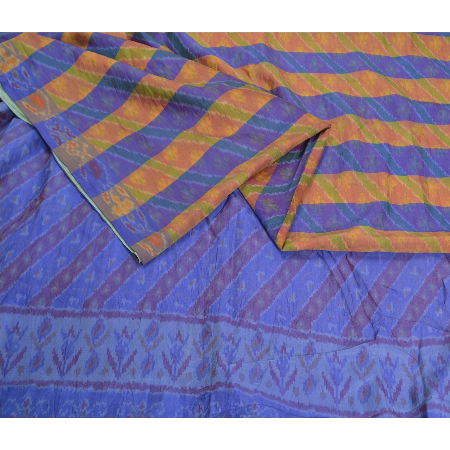 Sanskriti Vintage Saree Blue Sambhalpuri Hand Woven Ikat Pure Silk Sari Fabric