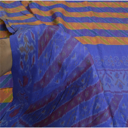 Sanskriti Vintage Saree Blue Sambhalpuri Hand Woven Ikat Pure Silk Sari Fabric