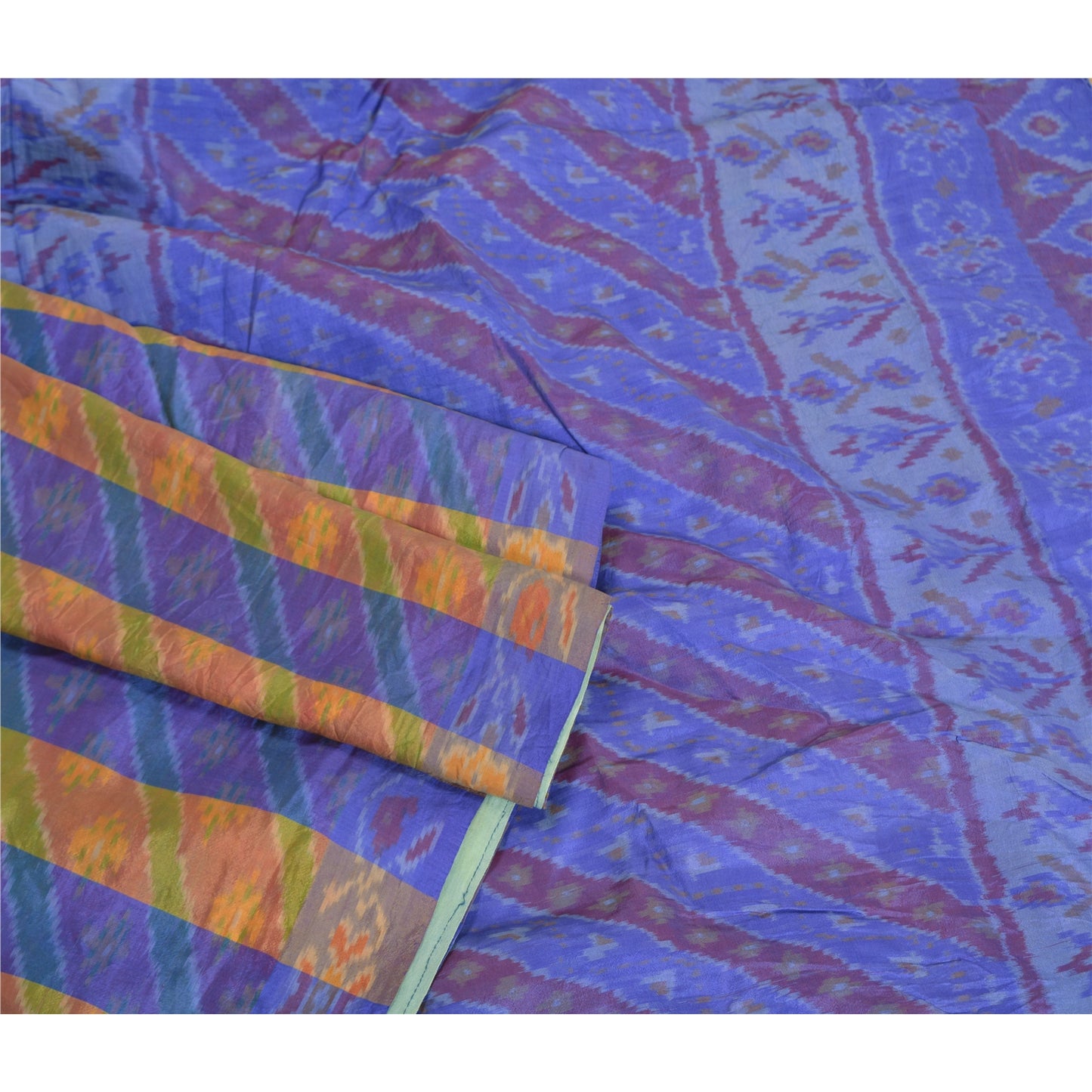 Sanskriti Vintage Saree Blue Sambhalpuri Hand Woven Ikat Pure Silk Sari Fabric