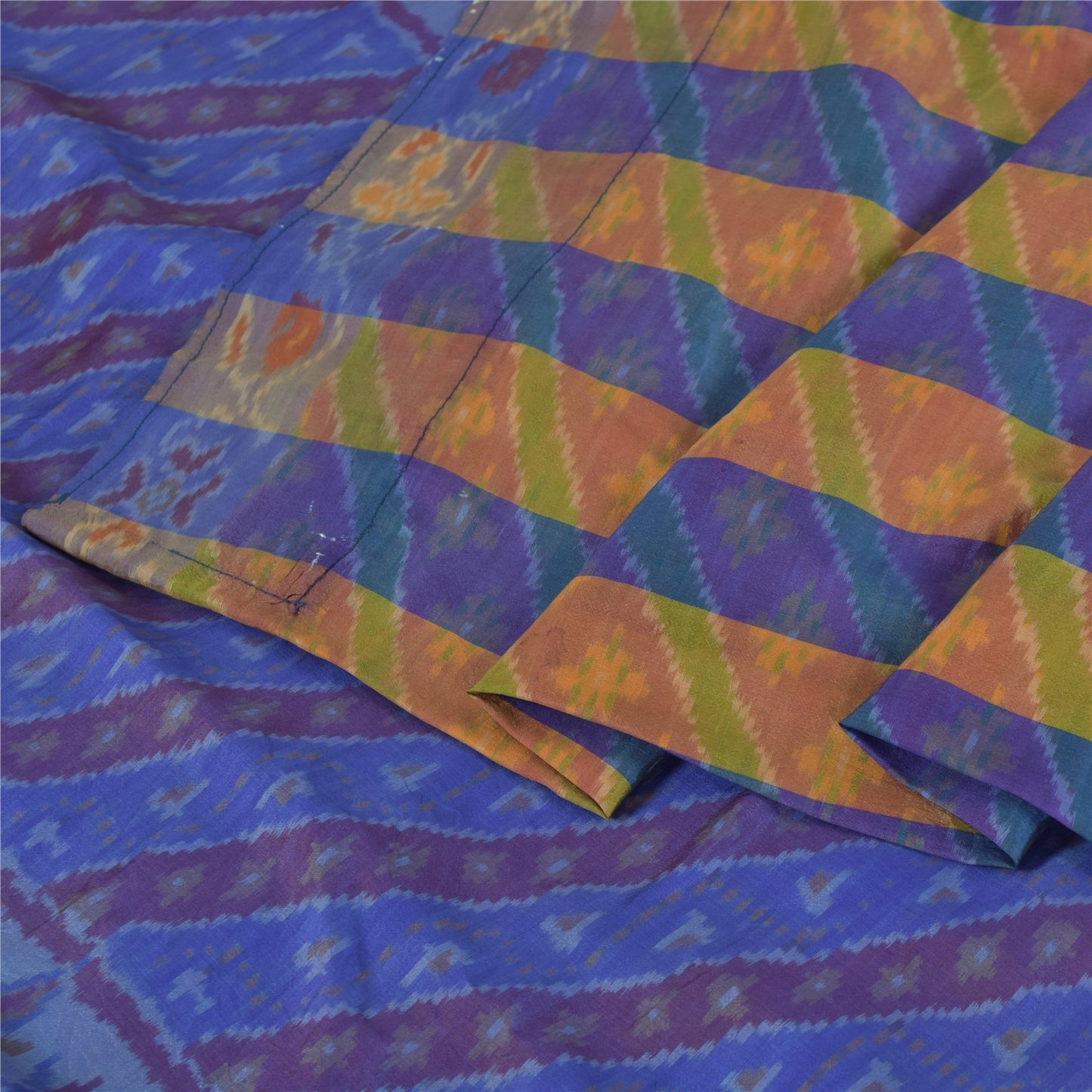Sanskriti Vintage Saree Blue Sambhalpuri Hand Woven Ikat Pure Silk Sari Fabric