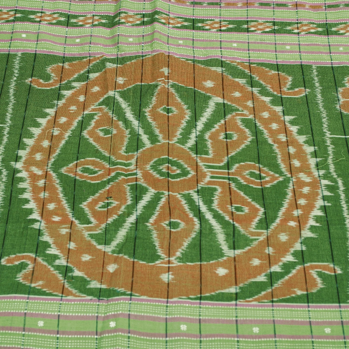 Sanskriti Vintage Sari 100% Pure Cotton Green Sarees Hand Woven Ikat 5yd Craft Fabric upholstery fabric