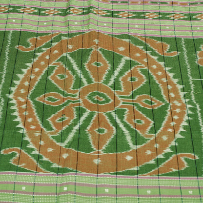 Sanskriti Vintage Sari 100% Pure Cotton Green Sarees Hand Woven Ikat 5yd Craft Fabric upholstery fabric