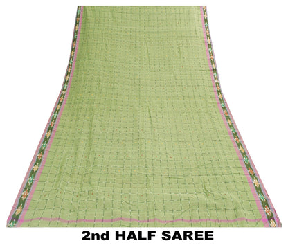 Sanskriti Vintage Sari 100% Pure Cotton Green Sarees Hand Woven Ikat 5yd Craft Fabric upholstery fabric