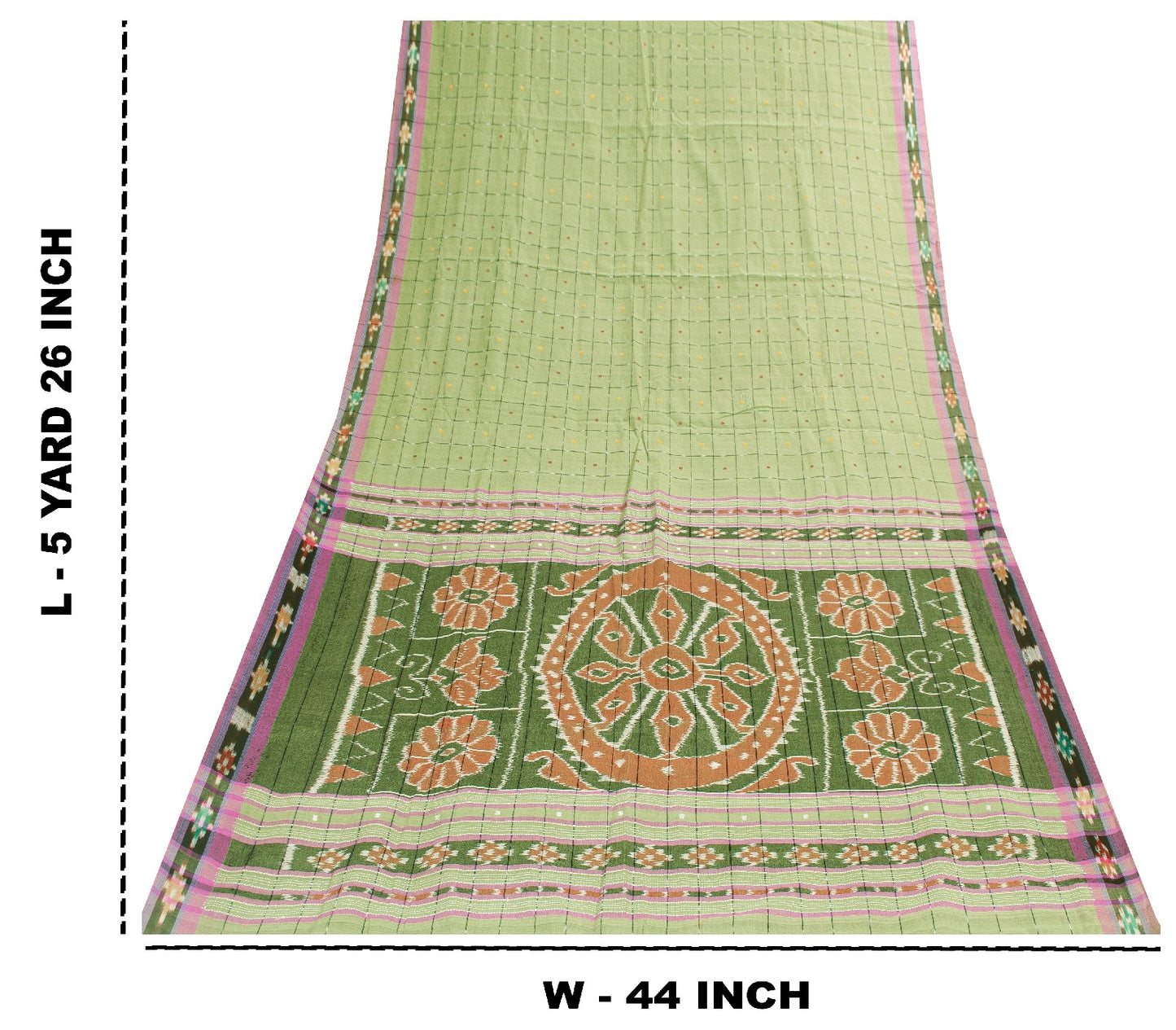 Sanskriti Vintage Sari 100% Pure Cotton Green Sarees Hand Woven Ikat 5yd Craft Fabric upholstery fabric
