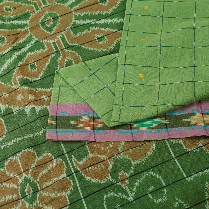 Sanskriti Vintage Sari 100% Pure Cotton Green Sarees Hand Woven Ikat 5yd Craft Fabric upholstery fabric