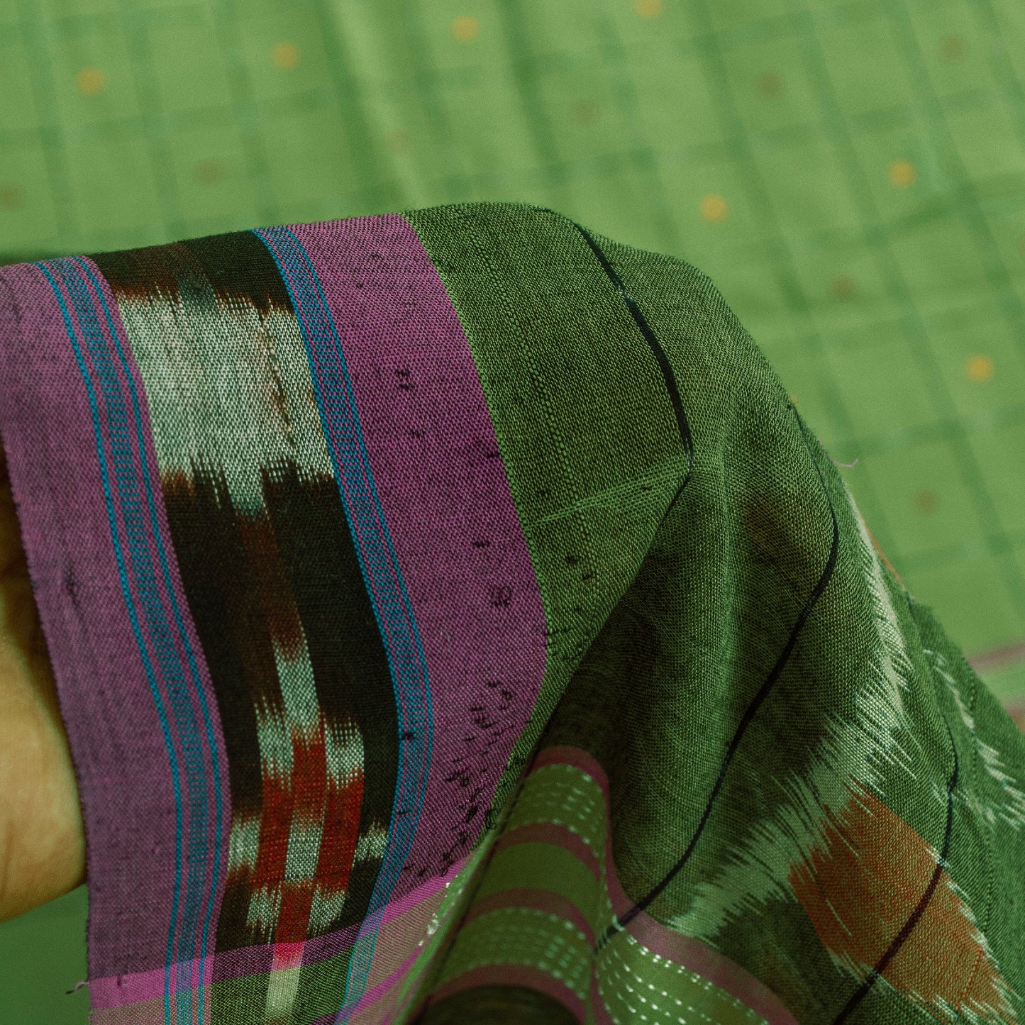 Sanskriti Vintage Sari 100% Pure Cotton Green Sarees Hand Woven Ikat 5yd Craft Fabric upholstery fabric