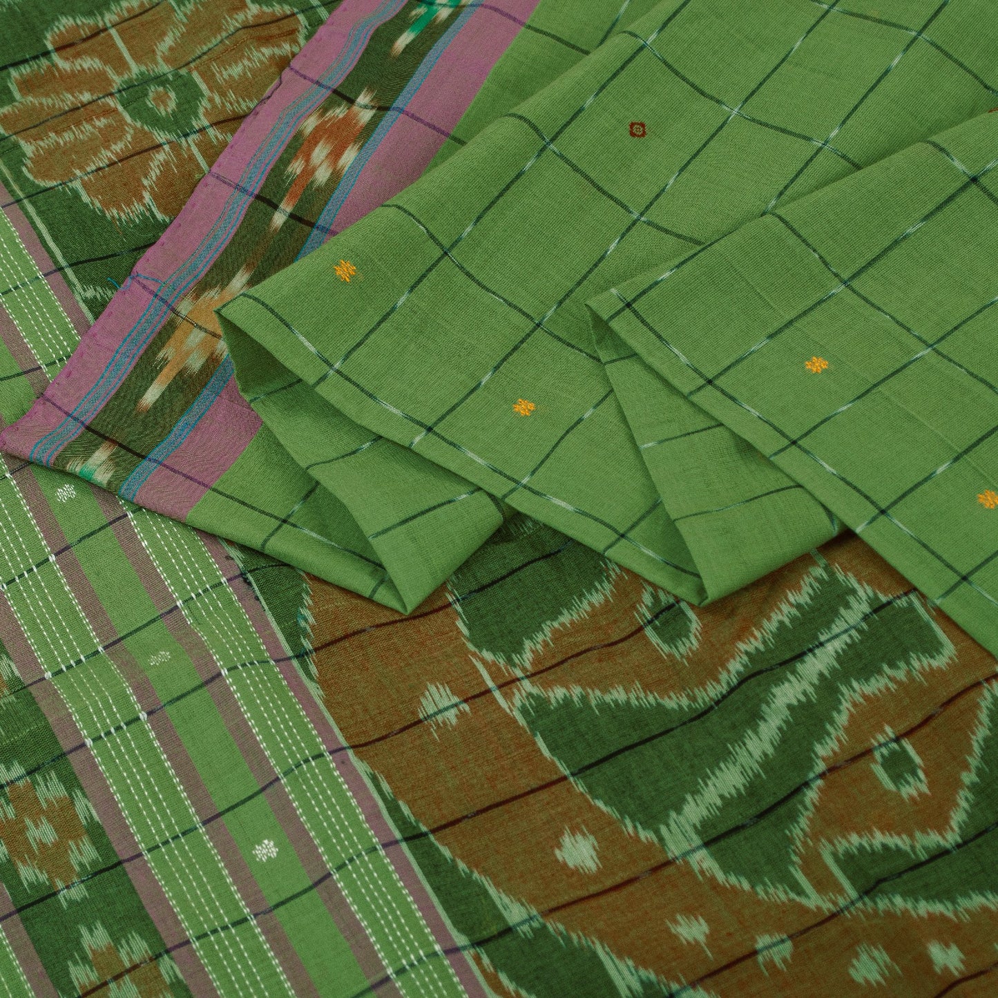 Sanskriti Vintage Sari 100% Pure Cotton Green Sarees Hand Woven Ikat 5yd Craft Fabric upholstery fabric