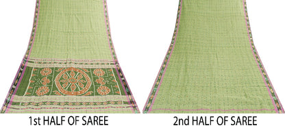 Sanskriti Vintage Sari 100% Pure Cotton Green Sarees Hand Woven Ikat 5yd Craft Fabric upholstery fabric