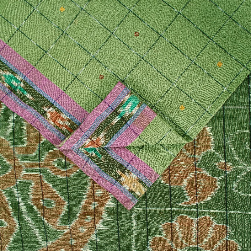 Sanskriti Vintage Sari 100% Pure Cotton Green Sarees Hand Woven Ikat 5yd Craft Fabric upholstery fabric