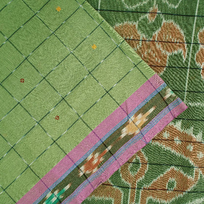 Sanskriti Vintage Sari 100% Pure Cotton Green Sarees Hand Woven Ikat 5yd Craft Fabric upholstery fabric