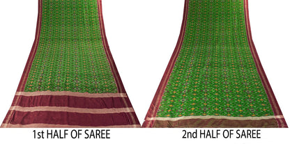 Sanskriti Vintage Green Pure Silk Saree Ikat Hand Woven Pochampally 5+Yd Sari