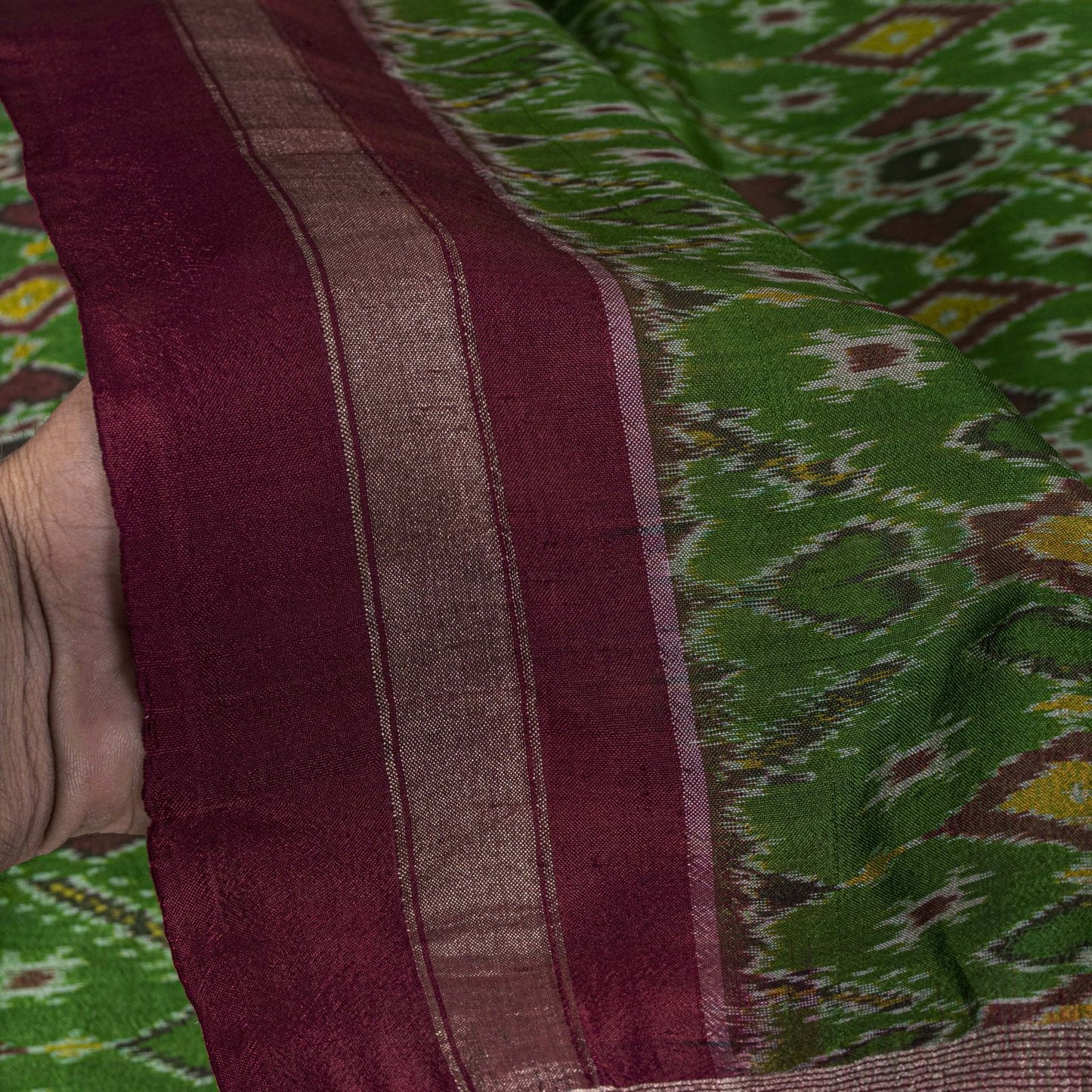 Sanskriti Vintage Green Pure Silk Saree Ikat Hand Woven Pochampally 5+Yd Sari