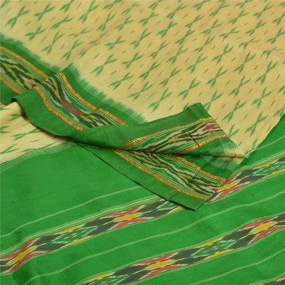 Sanskriti Vintage Saree Green Pochampally Hand Woven Ikat Pure Silk Sari Fabric