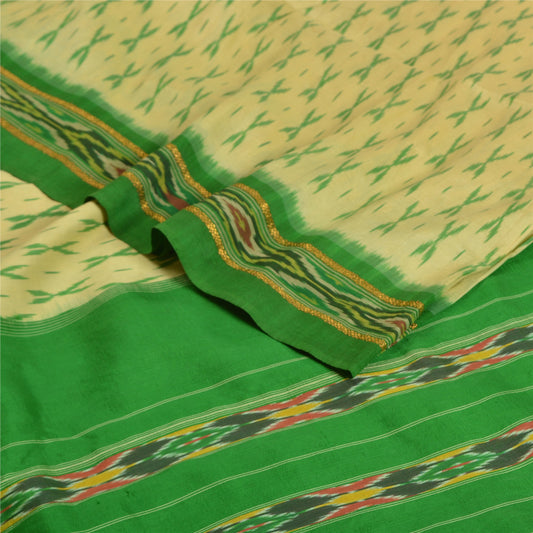 Sanskriti Vintage Saree Green Pochampally Hand Woven Ikat Pure Silk Sari Fabric