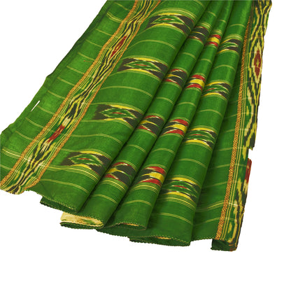 Sanskriti Vintage Saree Green Pochampally Hand Woven Ikat Pure Silk Sari Fabric