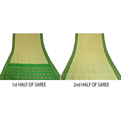 Sanskriti Vintage Saree Green Pochampally Hand Woven Ikat Pure Silk Sari Fabric