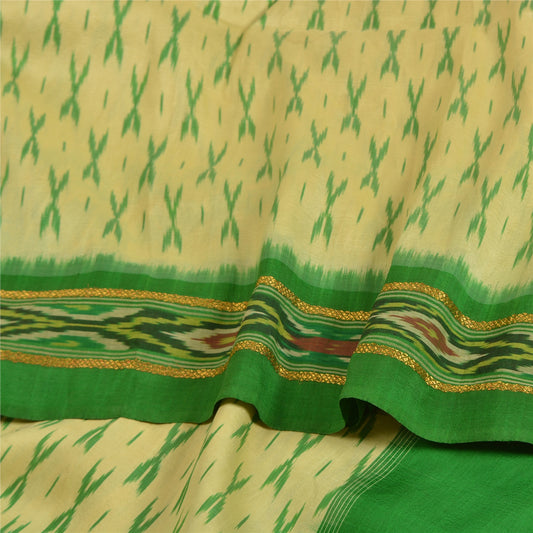 Sanskriti Vintage Saree Green Pochampally Hand Woven Ikat Pure Silk Sari Fabric