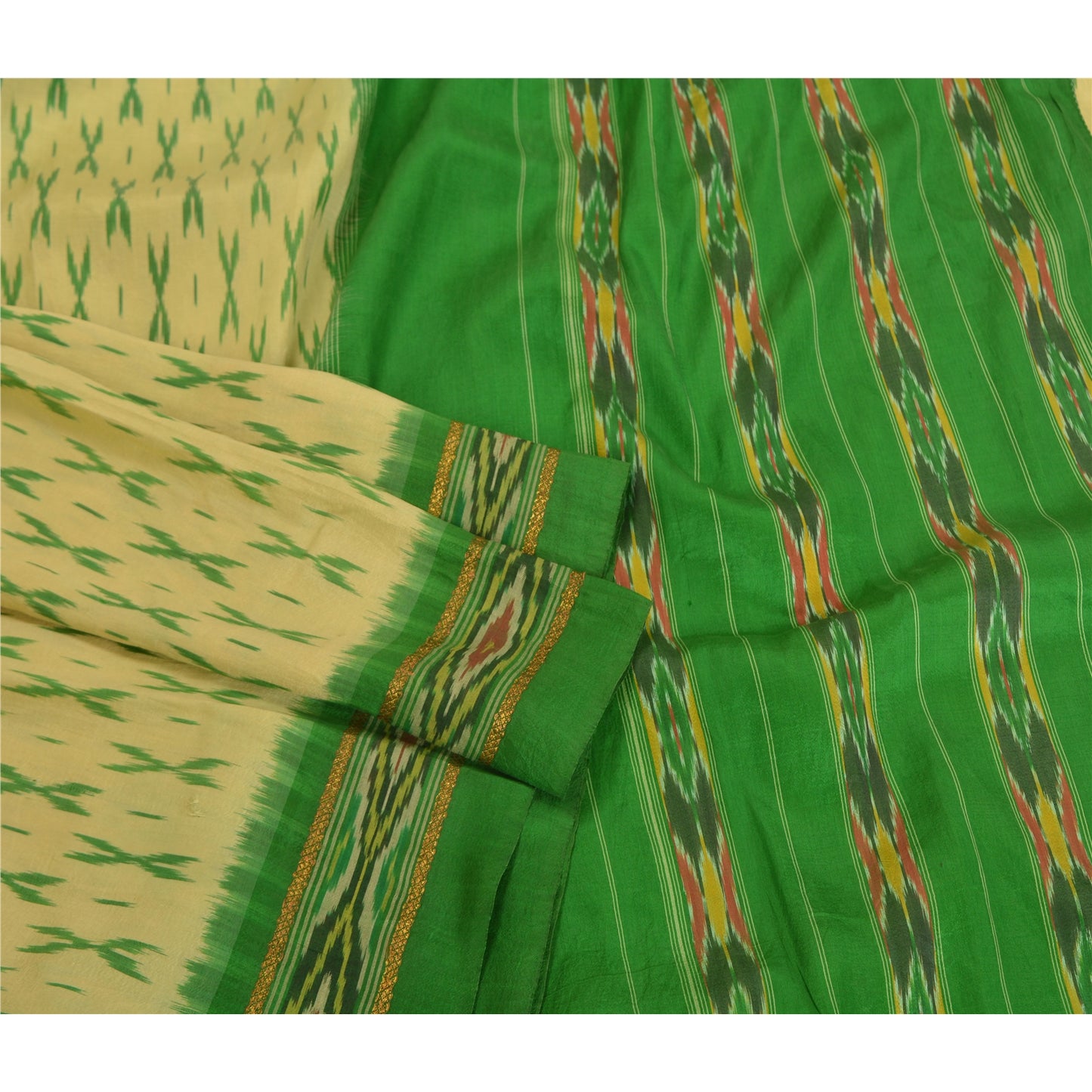 Sanskriti Vintage Saree Green Pochampally Hand Woven Ikat Pure Silk Sari Fabric