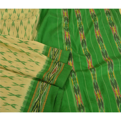 Sanskriti Vintage Saree Green Pochampally Hand Woven Ikat Pure Silk Sari Fabric