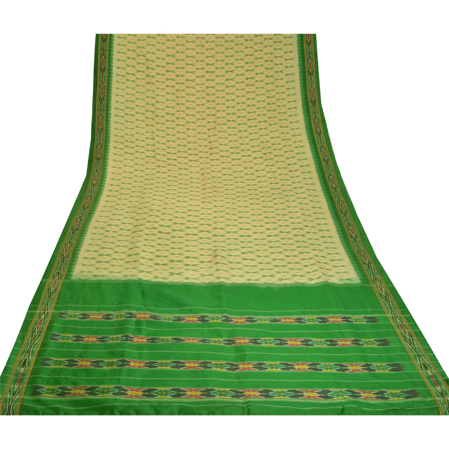 Sanskriti Vintage Saree Green Pochampally Hand Woven Ikat Pure Silk Sari Fabric