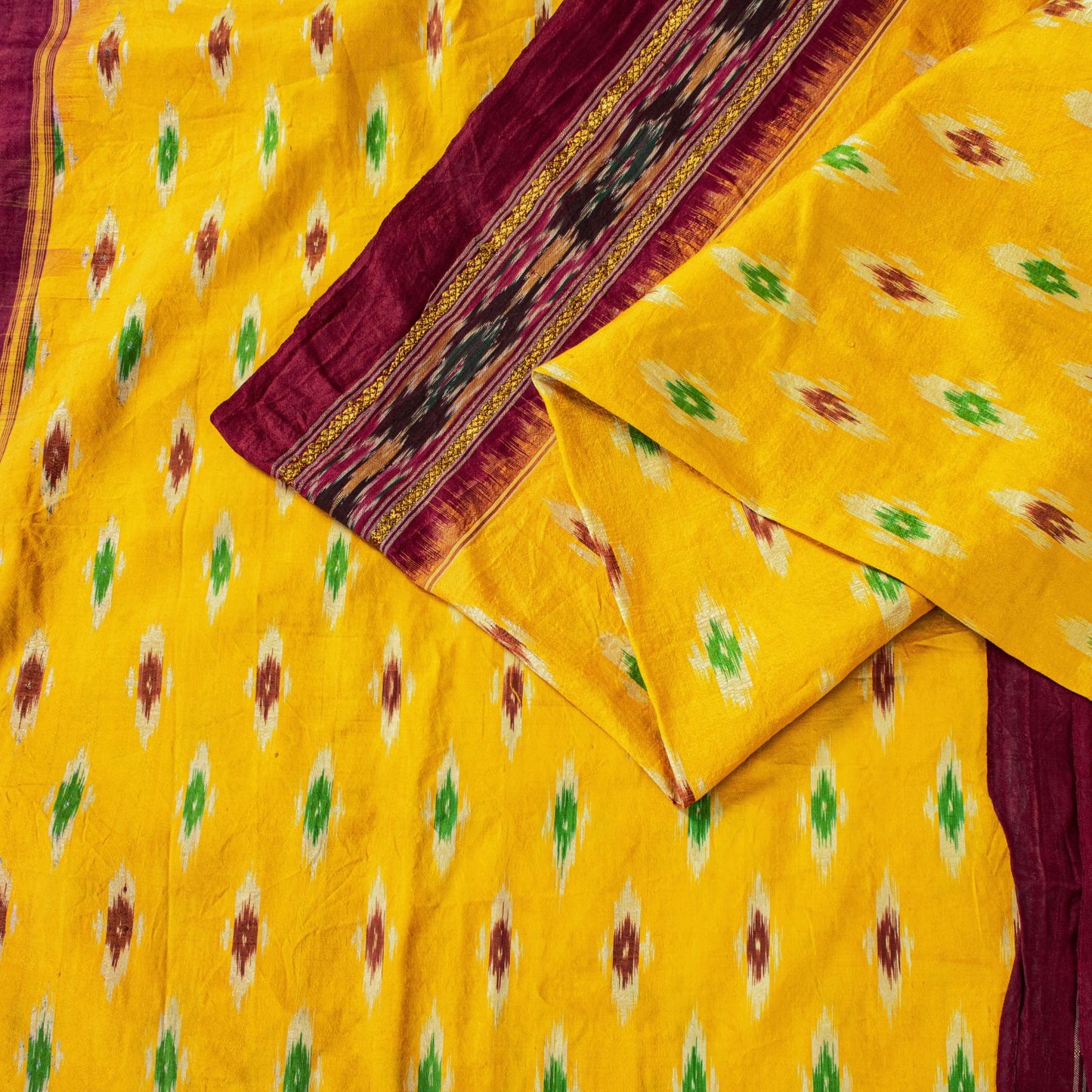 Sanskriti Vintage Yellow Pure Silk Saree Ikat Hand Woven Pochampally 5.5Yd Sari