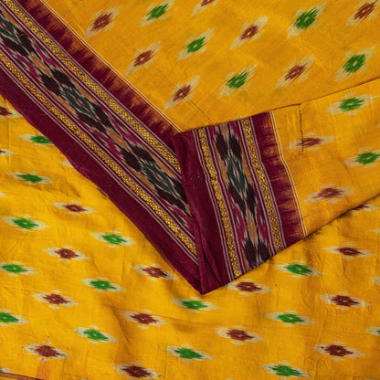 Sanskriti Vintage Yellow Pure Silk Saree Ikat Hand Woven Pochampally 5.5Yd Sari
