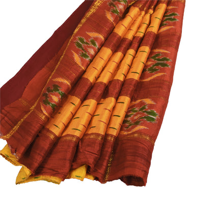 Sanskriti Vintage Saree Yellow Pochampally Hand Woven Ikat Pure Silk Sari Fabric
