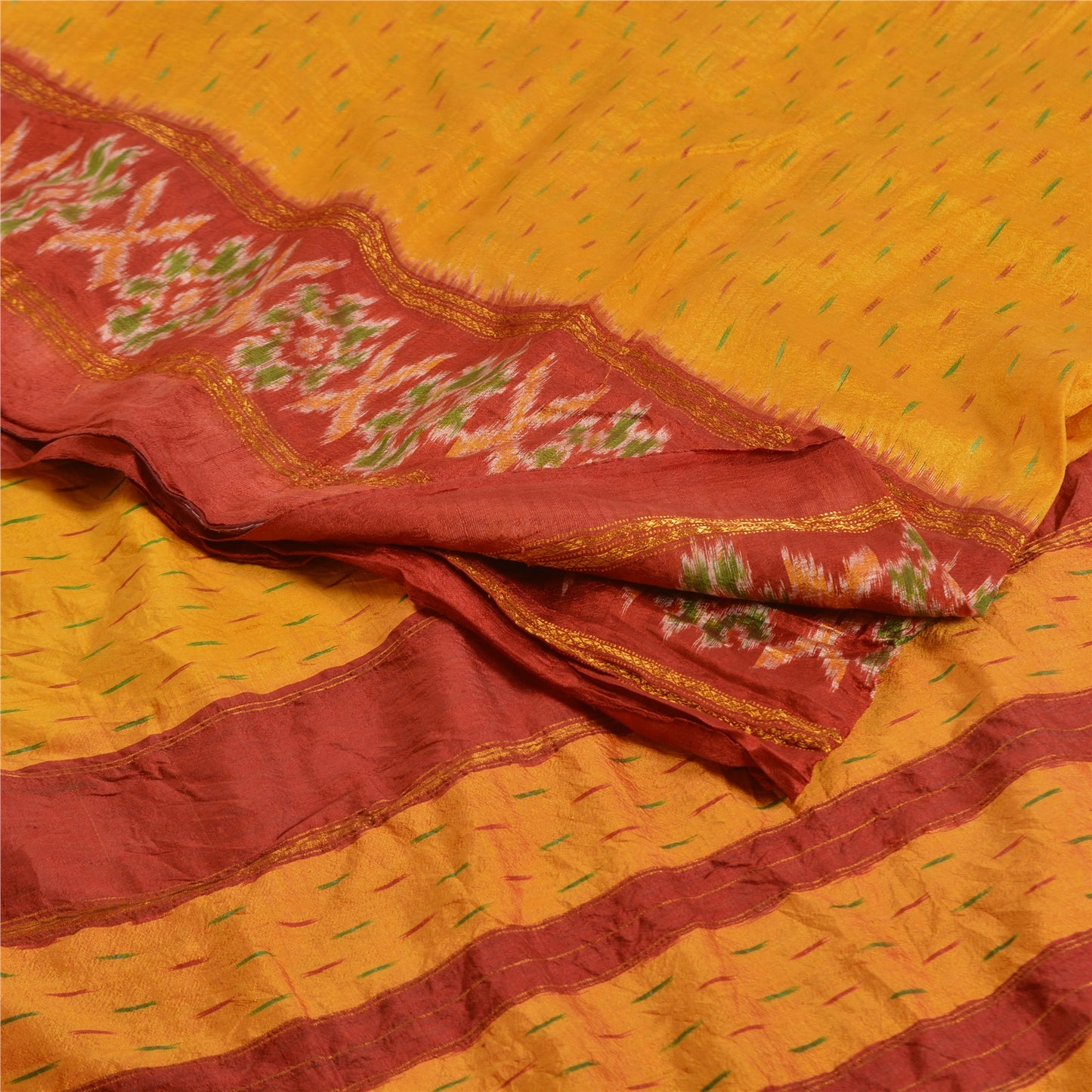 Sanskriti Vintage Saree Yellow Pochampally Hand Woven Ikat Pure Silk Sari Fabric