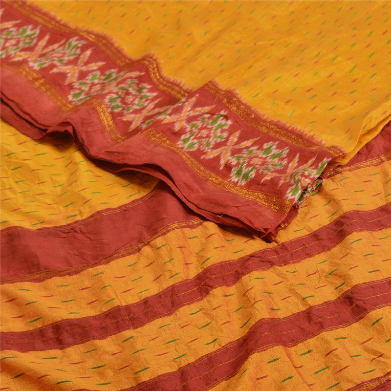 Sanskriti Vintage Saree Yellow Pochampally Hand Woven Ikat Pure Silk Sari Fabric
