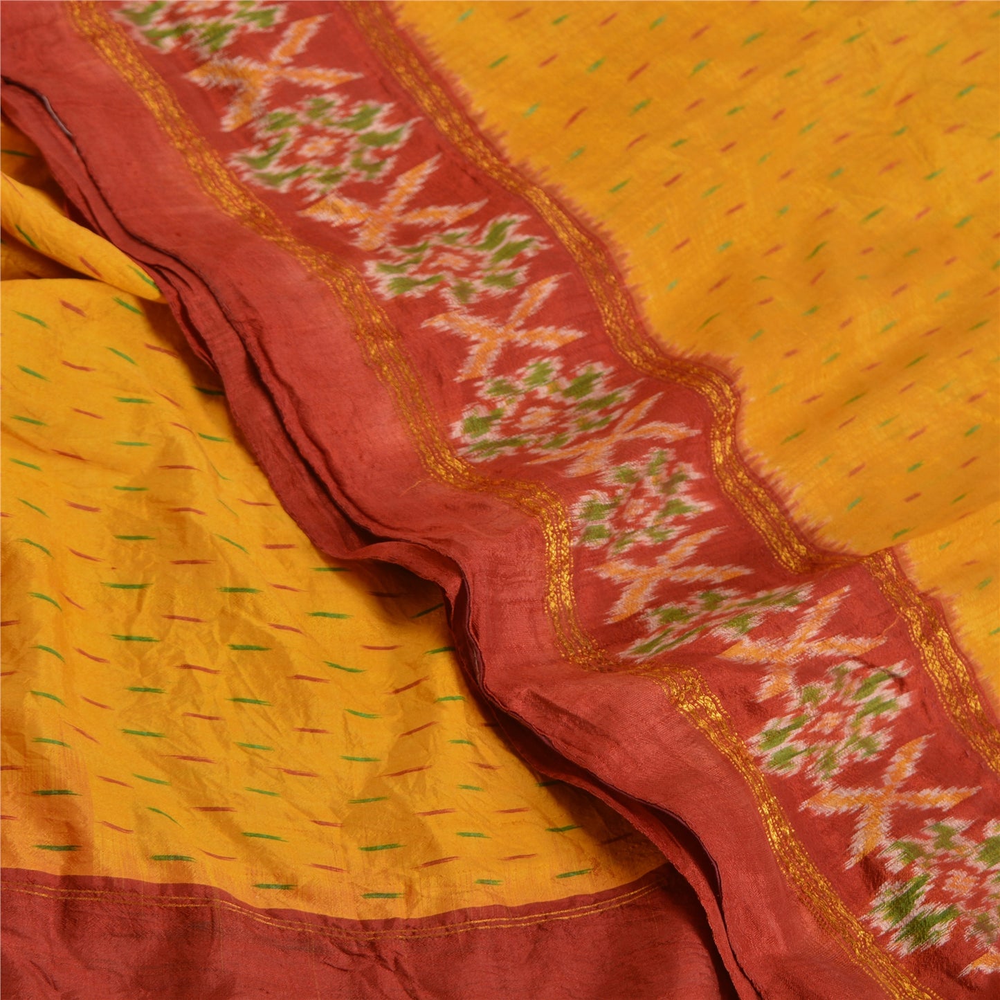 Sanskriti Vintage Saree Yellow Pochampally Hand Woven Ikat Pure Silk Sari Fabric