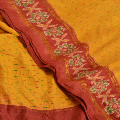 Sanskriti Vintage Saree Yellow Pochampally Hand Woven Ikat Pure Silk Sari Fabric
