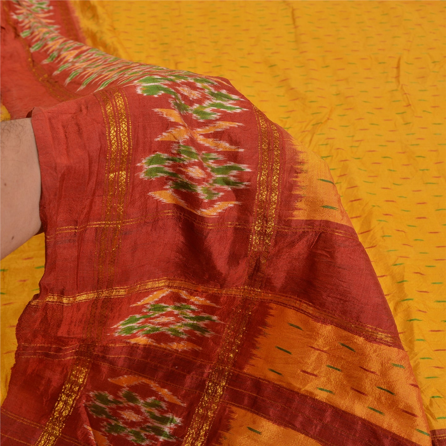 Sanskriti Vintage Saree Yellow Pochampally Hand Woven Ikat Pure Silk Sari Fabric