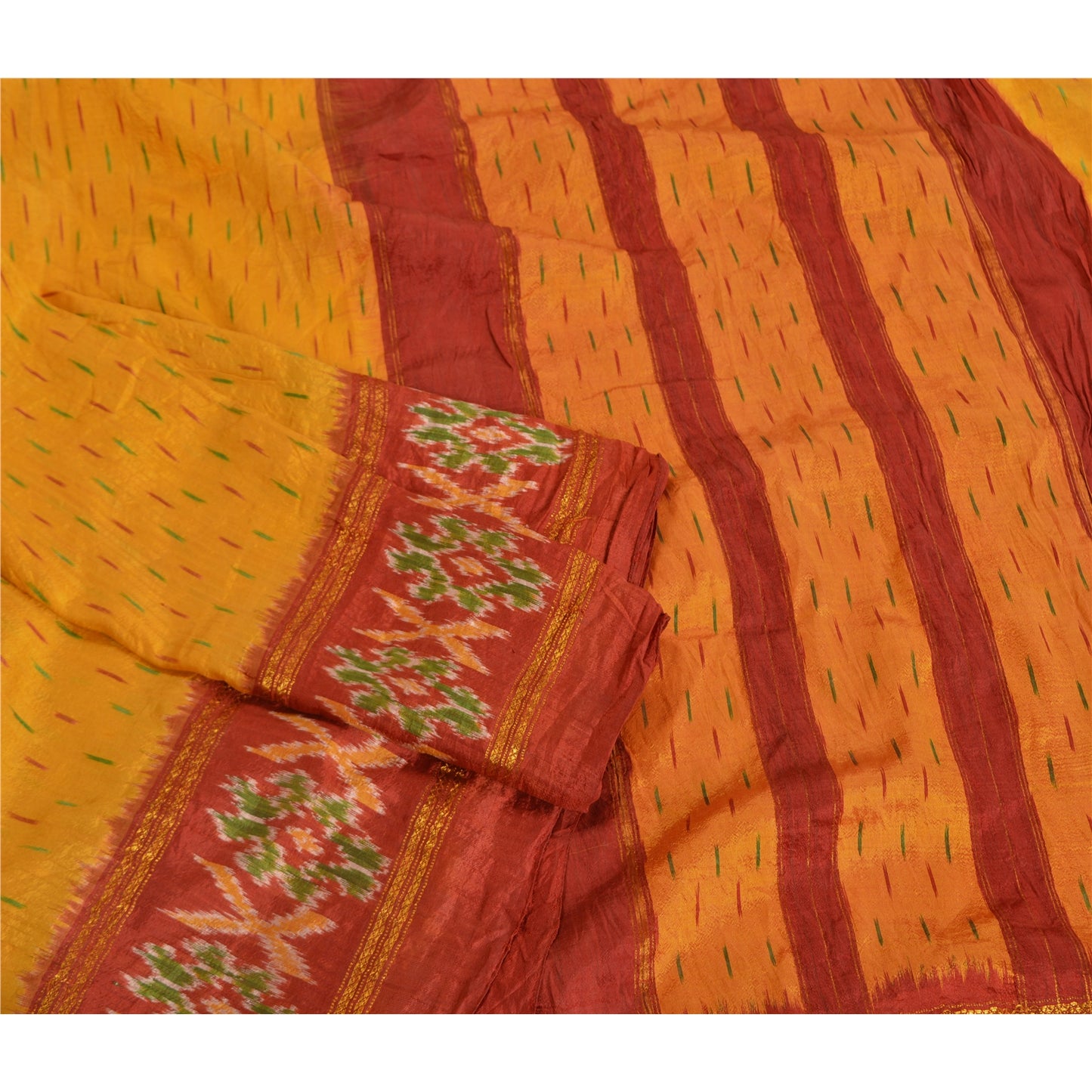 Sanskriti Vintage Saree Yellow Pochampally Hand Woven Ikat Pure Silk Sari Fabric