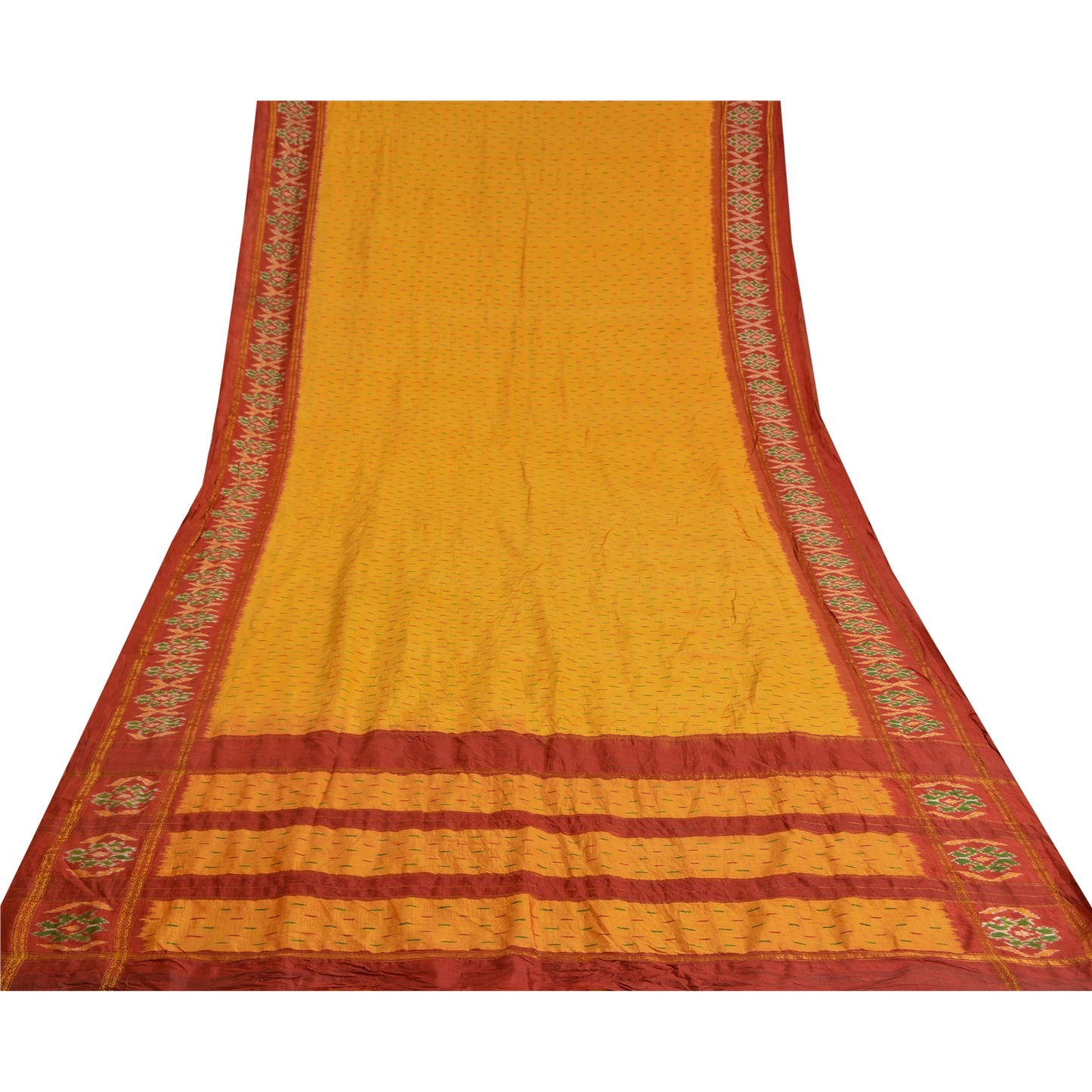 Sanskriti Vintage Saree Yellow Pochampally Hand Woven Ikat Pure Silk Sari Fabric
