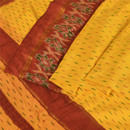 Sanskriti Vintage Saree Yellow Pochampally Hand Woven Ikat Pure Silk Sari Fabric