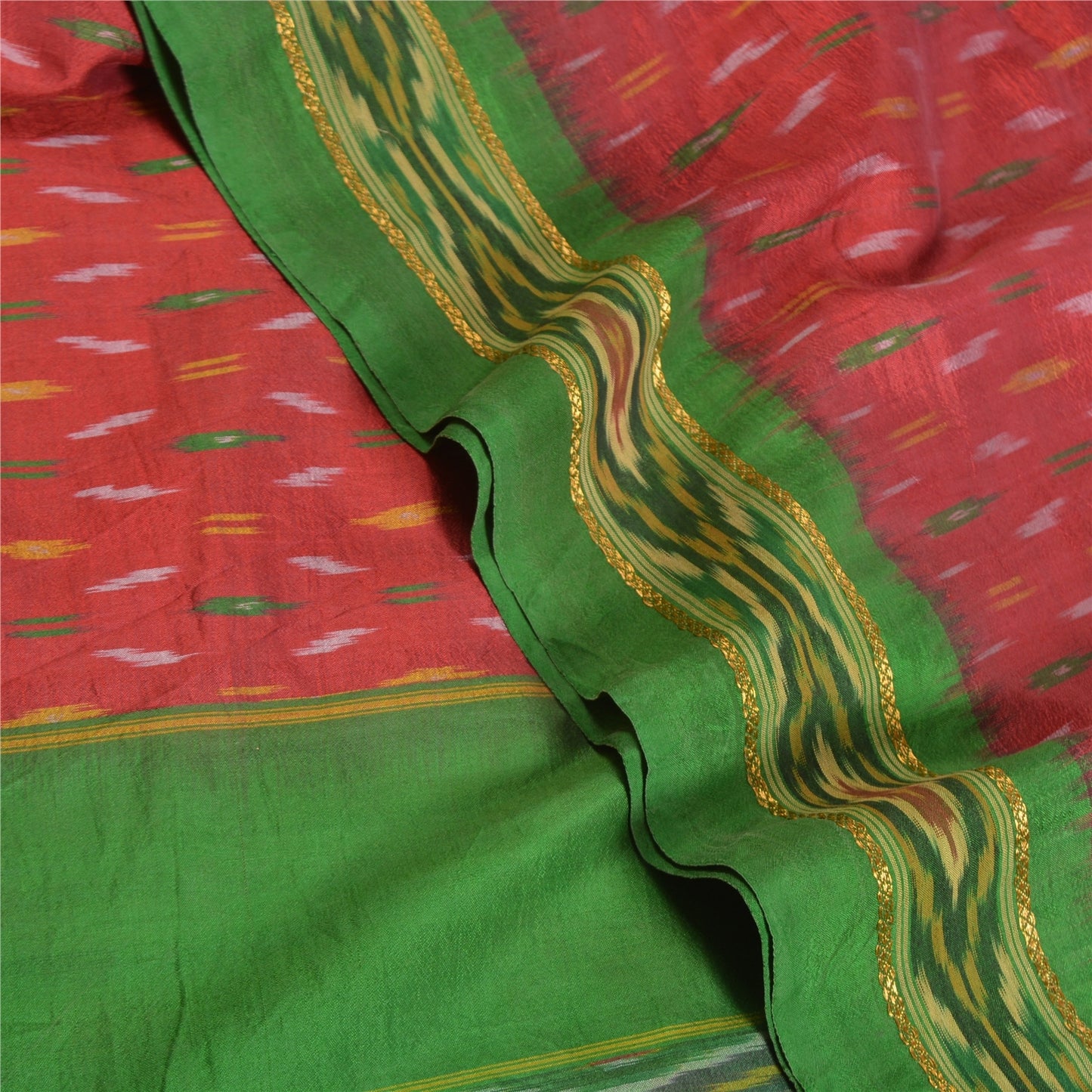 Sanskriti Vintage Handwoven Ikat Silk Saree Fabric: Red Pochampally Vintage Sari - 5yd by upholstery fabric
