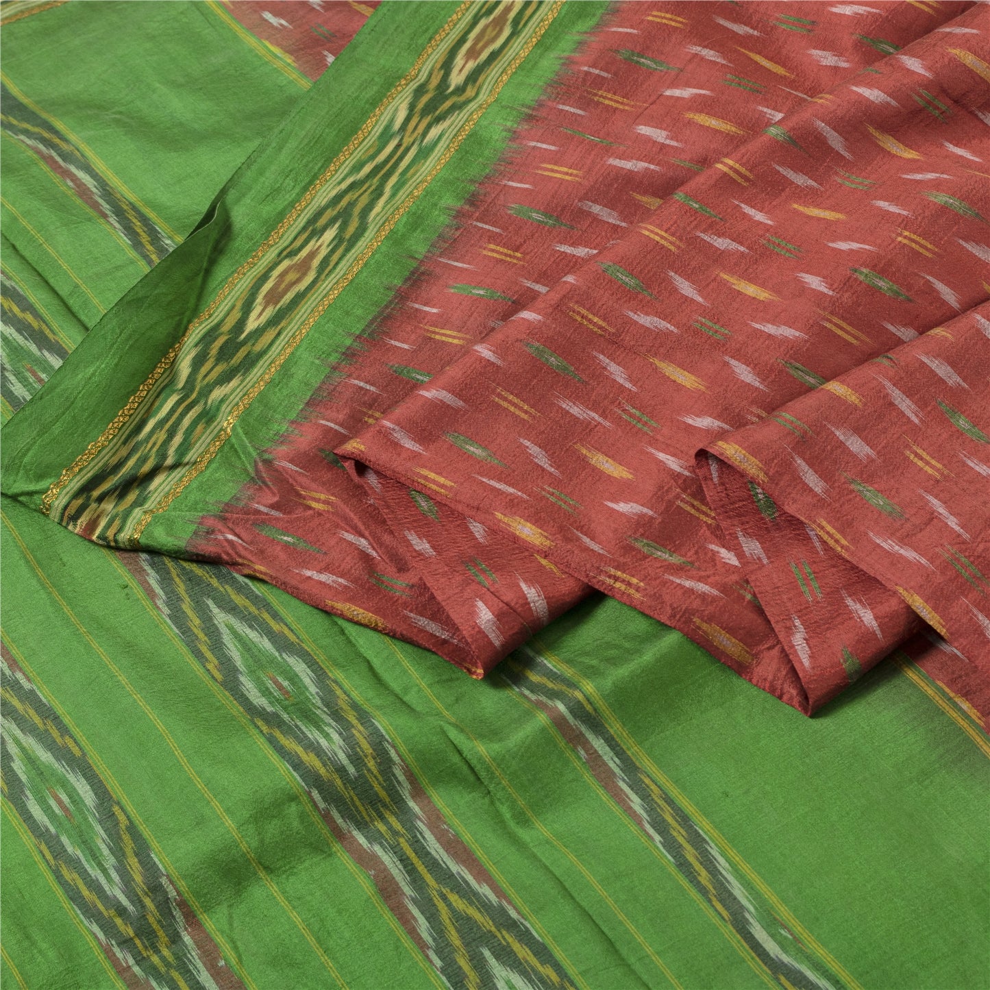 Sanskriti Vintage Handwoven Ikat Silk Saree Fabric: Red Pochampally Vintage Sari - 5yd by upholstery fabric