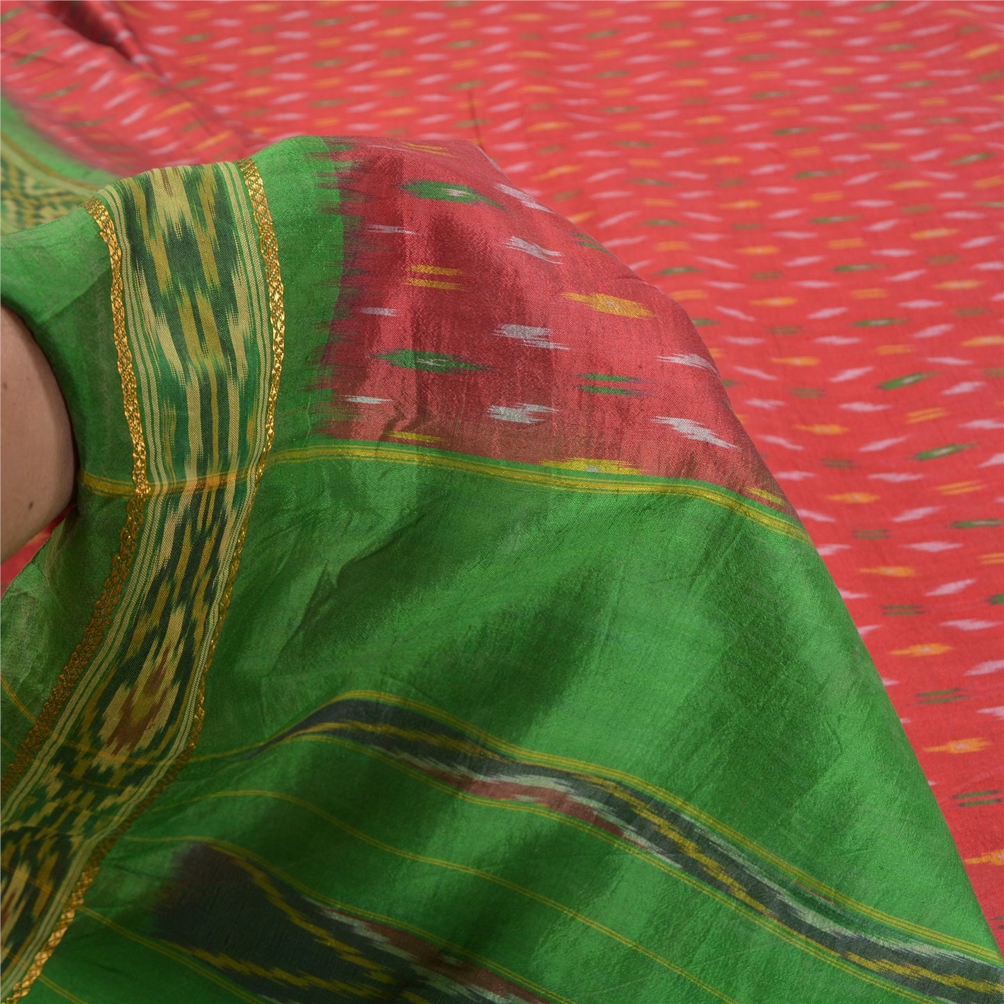 Sanskriti Vintage Handwoven Ikat Silk Saree Fabric: Red Pochampally Vintage Sari - 5yd by upholstery fabric