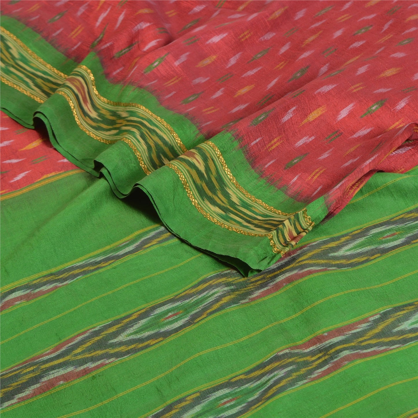 Sanskriti Vintage Handwoven Ikat Silk Saree Fabric: Red Pochampally Vintage Sari - 5yd by upholstery fabric