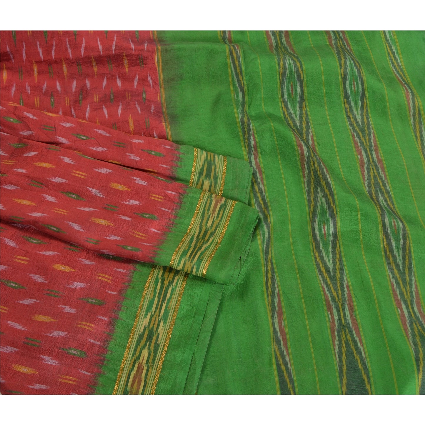 Sanskriti Vintage Handwoven Ikat Silk Saree Fabric: Red Pochampally Vintage Sari - 5yd by upholstery fabric