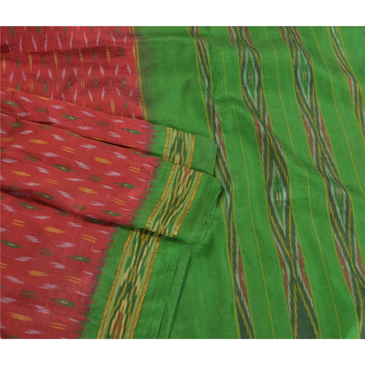 Sanskriti Vintage Saree Red & Green Pochampally Hand Woven Ikat Pure Silk Sari